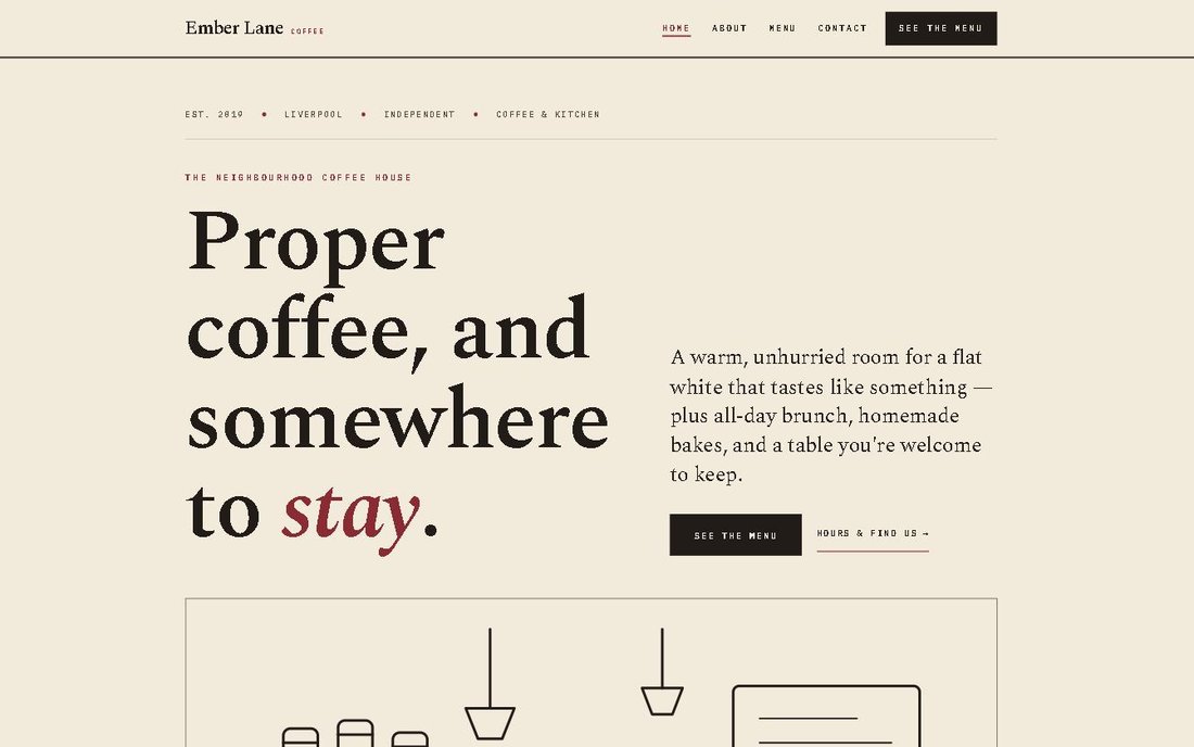 The Ember Lane Coffee homepage — an independent café site
